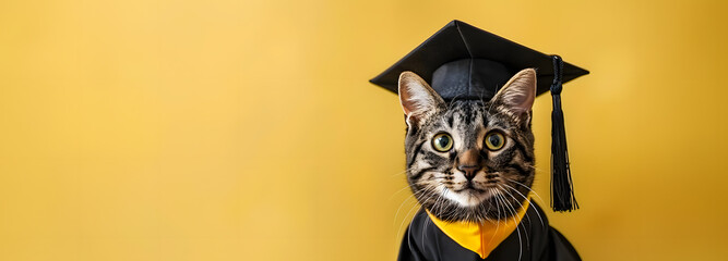 Wall Mural - Cat wearing graduation cap and gown in the bright yellow background. College, university, school, online cources banner with copyspace