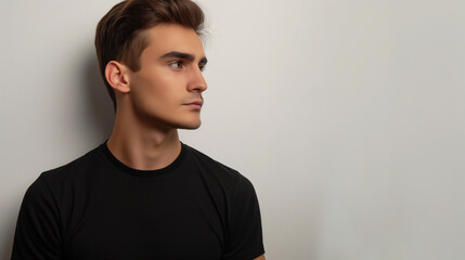 Wall Mural - a handsome young man in black shirt looking away standing against plain white wall, portrait of a guy 