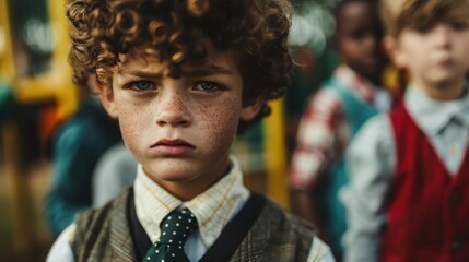 A serious young boy with curly hair stands in a group of children, exuding a pensive and thoughtful expression, highlighting a moment of contemplation in a playful setting.