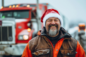 Caucasian Male Truck Driver in Santa Hat Smiling in Front of Red Truck During Winter.