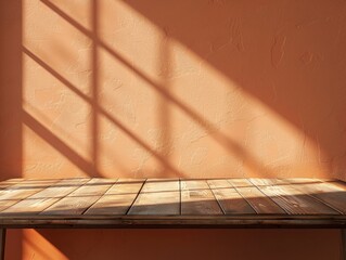 Wall Mural - A wooden table with a window in the background. The table is empty and the room is empty