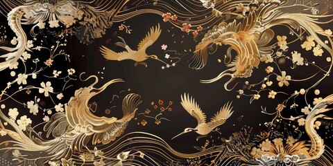 Wall Mural - Gold birds and flowers on black background.