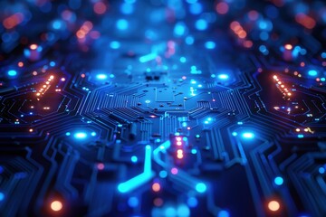 Poster - Close-up view of a dynamic circuit board with glowing blue and orange lights, representing technology and innovation.