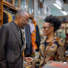 Poster - A tailor and a black woman discussing button options for a tailored shirt. 