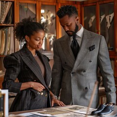 Poster - A tailor and a black woman discussing sleeve length options for a tailored jacket.