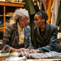 Poster - A tailor and a black woman discussing sleeve length options for a tailored jacket. 