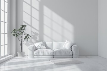 Wall Mural - A white couch sits in a large, empty room with a window in the background. The room is bright and airy, with a potted plant adding a touch of greenery