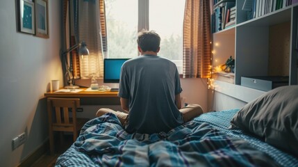 College Student Writing Heartfelt Letter to Family from Dorm Bed