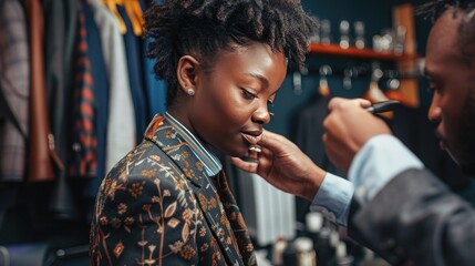 Poster - A tailor taking measurements of a black woman's shoulders for a custom suit. 