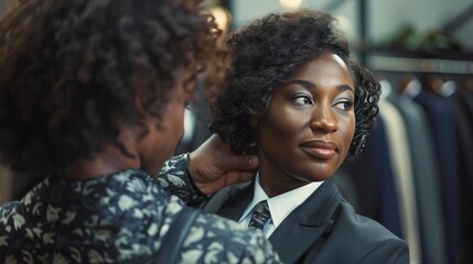 Poster - A tailor taking measurements of a black woman's shoulders for a custom suit. 
