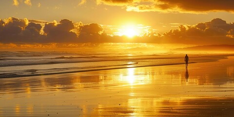Aufkleber - A tranquil scene of a golden sunrise on the beach, with the silhouette of a lone person walking along the shore. 