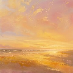 Poster - A tranquil scene of a golden sunrise on the beach, with the sky painted in vibrant shades of gold and pink.