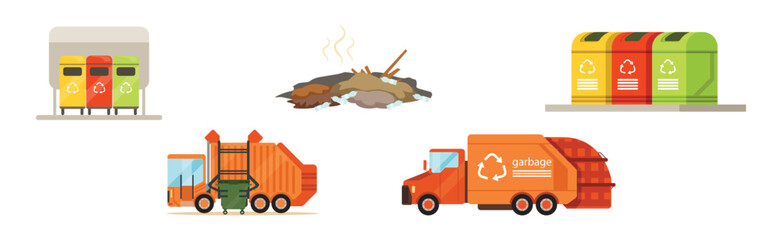 Canvas Print - Street Dump Truck Pick Garbage and Litter Vector Set