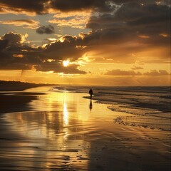 Poster - A tranquil scene of a golden sunrise on the beach, with the silhouette of a lone person walking along the shore. 