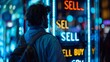 © Tamara - Man looking at bright neon sell signs in the city. Stock market visuals with glowing lights. Urban scene with colorful reflective signs.