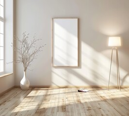 Aufkleber - Bright interior with a modern lamp, bare branches, and a large mirror, creating a serene and stylish atmosphere.