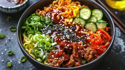 Canvas Print - Korean Noodle Dish with Black Bean Sauce and Toppings