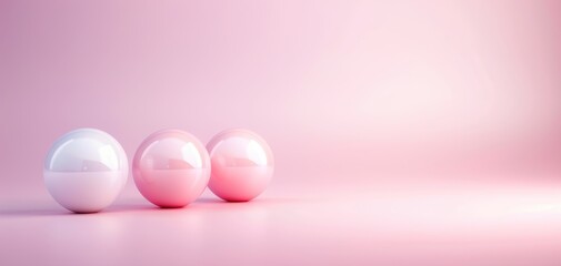 Fototapete - Three glossy spheres in white and pink hues against a soft pink background, creating a serene and modern aesthetic.