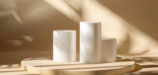 Aufkleber - Elegant white candles arranged on a minimalist wooden tray, illuminated by soft natural light, creating a tranquil atmosphere.