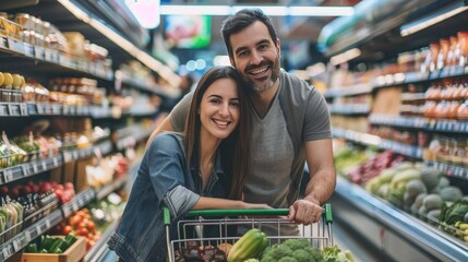 Poster - A happy couple standing in a supermarket aisle, smiling at the camera while leaning on their shopping cart full of groceries. 