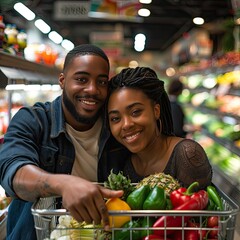 Poster - A happy couple standing in a supermarket aisle, smiling at the camera while leaning on their shopping cart full of groceries. 