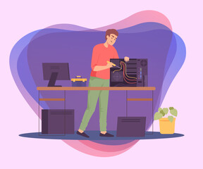 Poster - cartoon engineer repairing computer system unit. technician fixing pc hardware flat vector illustrat