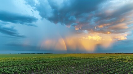 Poster - A field of corn is shown with a rainbow in the sky