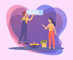 Poster - Cartoon woman next to repairman fixing air conditioner. Home ventilation or HVAC system, engineer repairing cooling or heating unit in room flat vector illustration. Repair service concept