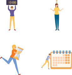 Poster - Business time icons set cartoon vector. Working people with clock and calendar. Time management