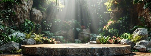 Poster - Wooden Platform in a Lush Tropical Forest