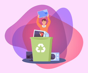 Poster - Man throwing computer monitor into recycling bin. Male cartoon character holding broken computer flat vector illustration. Technology, electronic waste, recycling concept