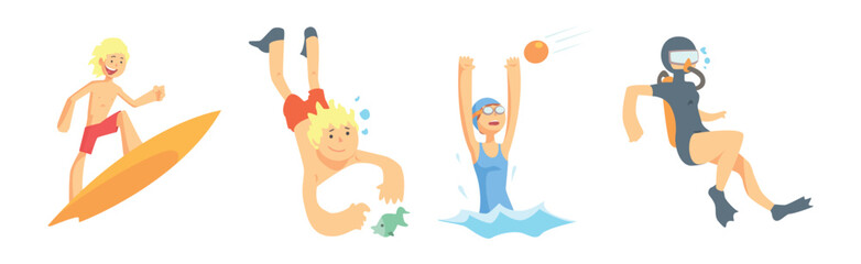 Sticker - People Character Enjoy Beach and Water Summer Activity Vector Set