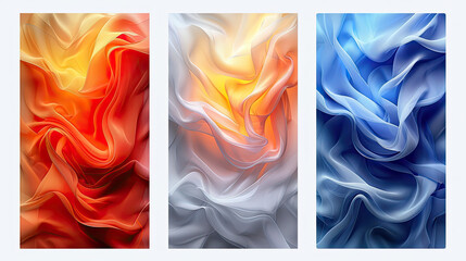 Set of three modern abstract wall art posters with flowing shapes in red, orange, and blue colors. Generated by AI