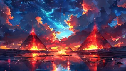 Wall Mural - Mystical Pyramids at Sunset with Starry Sky