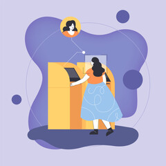 Poster - Woman in front of ATM machine and her face scan. Security camera with facial recognition system in bank flat vector illustration. AI, safety concept for banner or landing page