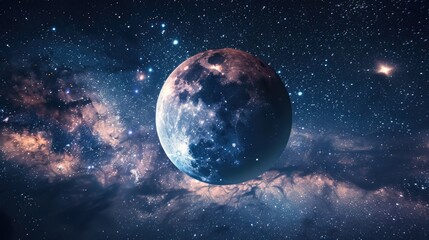 Wall Mural - a large planet with a bright moon in the sky. the sky is filled with stars and the planet is surroun