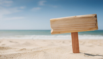 Sticker - Empty wooden signpost on beautiful beach by the ocean. Travel destination, tourism. Wood pointer.