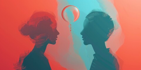 Wall Mural - A couple of silhouettes of a man and a woman are shown with a question mark in the middle. Concept of uncertainty and confusion, as the couple is unsure of what to do or how to proceed