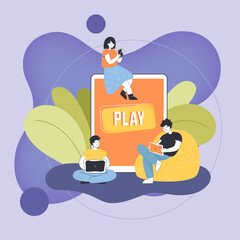 Young people playing video games on mobile phone, tablet and laptop. Men and woman using various hardware devices flat vector illustration. Cross-platform play concept