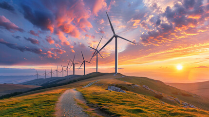 Wall Mural - wind turbines on hills, against a pink and golden sunset sky, Renewable energy scene, Environmental sustainability photo