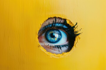 Wall Mural - A woman's eye is shown through a hole in a yellow wall. The eye is blue and the woman has long lashes. Concept of mystery and intrigue