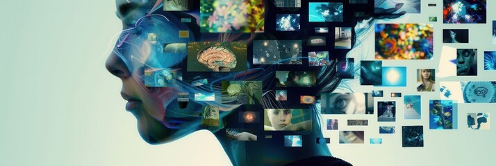 Poster - A person contemplates, generating a vast array of eclectic images that reflect the complexities of creativity and imagination. Generative AI