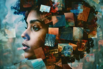 Poster - A person contemplatively generating diverse visuals illustrating thoughts and emotions, surrounded by overlapping images representing ideas and memories. Generative AI