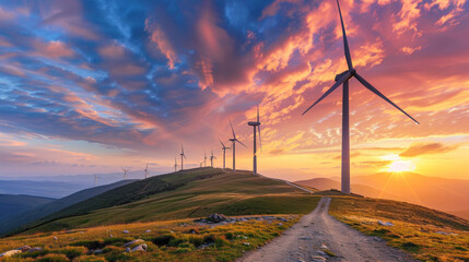 Wall Mural - wind turbines on hills, against a pink and golden sunset sky, Renewable energy scene, Environmental sustainability photo