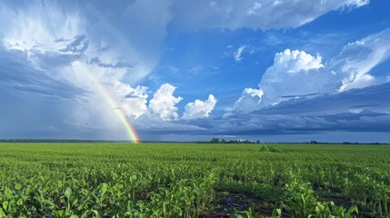 Poster - A rainbow is seen in the sky above a field of green grass