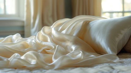 Canvas Print - Delicate Satin Sheets Draped Neatly Over a Plush Pillow in a Sunlit Bedroom Retreat. Generative AI