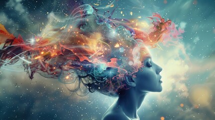 Poster - A person with vibrant thoughts emanating from their mind, representing the diverse ideas and creativity swirling in a cosmic environment. Generative AI