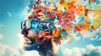 Poster - A person envisions a whirlwind of colorful and eclectic ideas bursting from their mind, symbolizing creativity and inspiration against a vivid blue sky. Generative AI