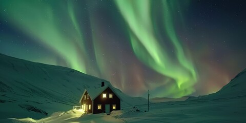 Poster - Aurora Borealis over a Cabin in a Snowy Landscape