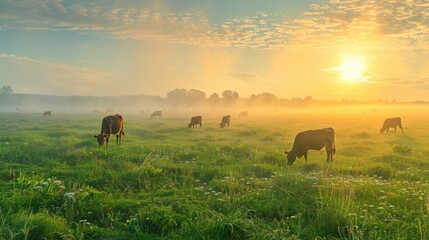 Poster - A herd of cows are grazing in a field with a beautiful sunset in the background